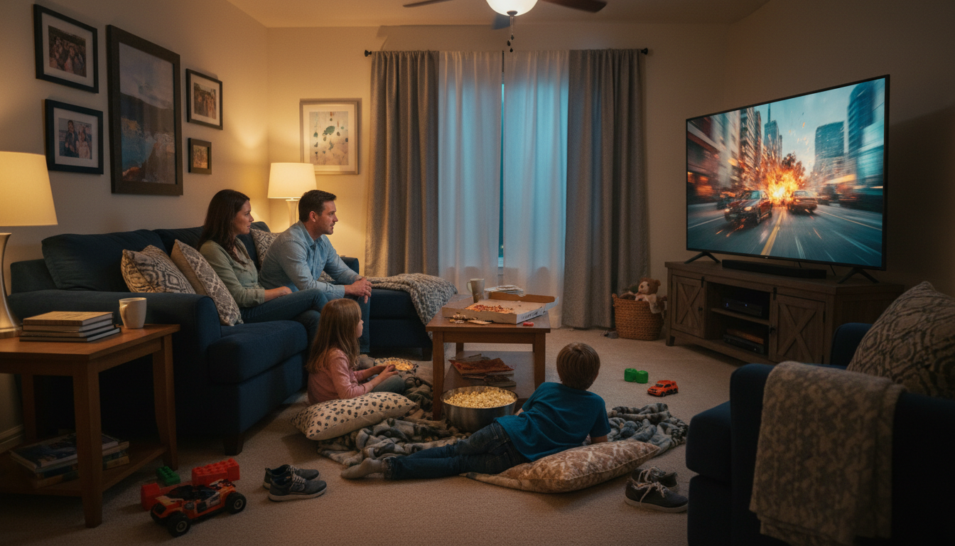 Family watching a Hollywood movie on a smart TV using the best app for IPTV streaming in a cozy home