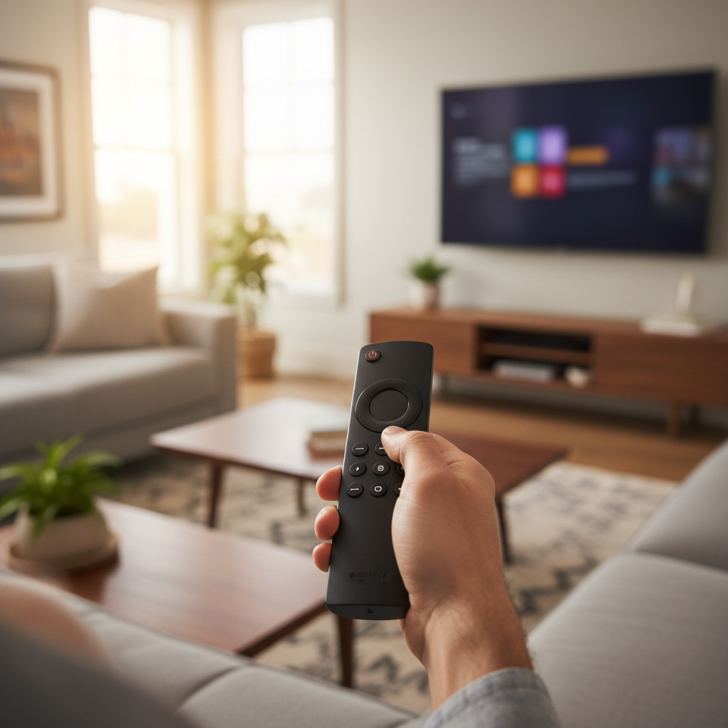 Person using Fire TV Stick remote to access top IPTV service content
