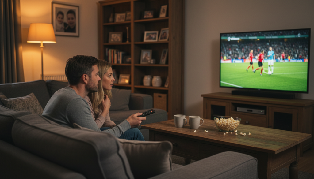Couple using the best IPTV player app to watch a live Premier League match on a large TV in a cozy living room