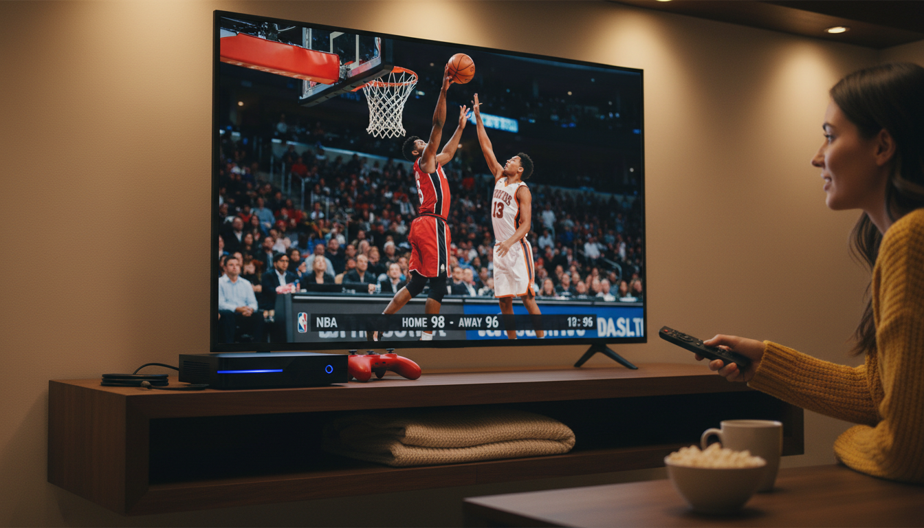 Best IPTV set top box device on entertainment shelf with NBA basketball game streaming on TV in background