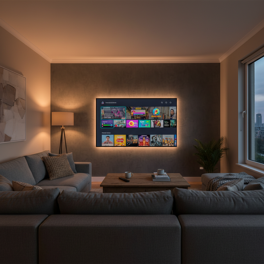 Modern living room setup showcasing the best IPTV streaming experience on a smart TV