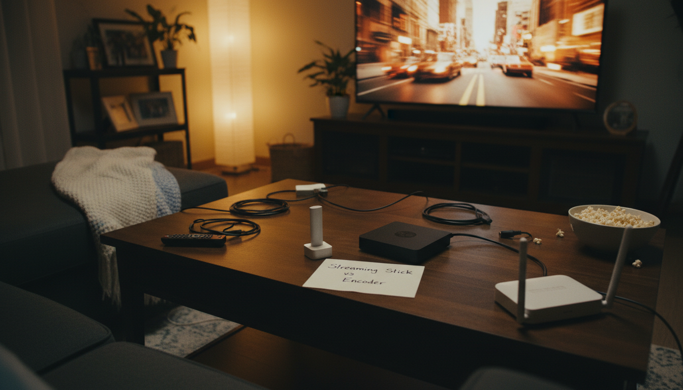 IPTV encoder device compared to a streaming stick on a coffee table with a movie playing on TV in the background