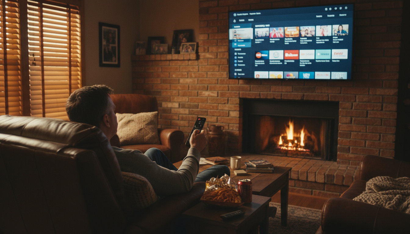 Man using an IPTV app for Firestick to browse a channel guide on a TV mounted above a brick fireplace