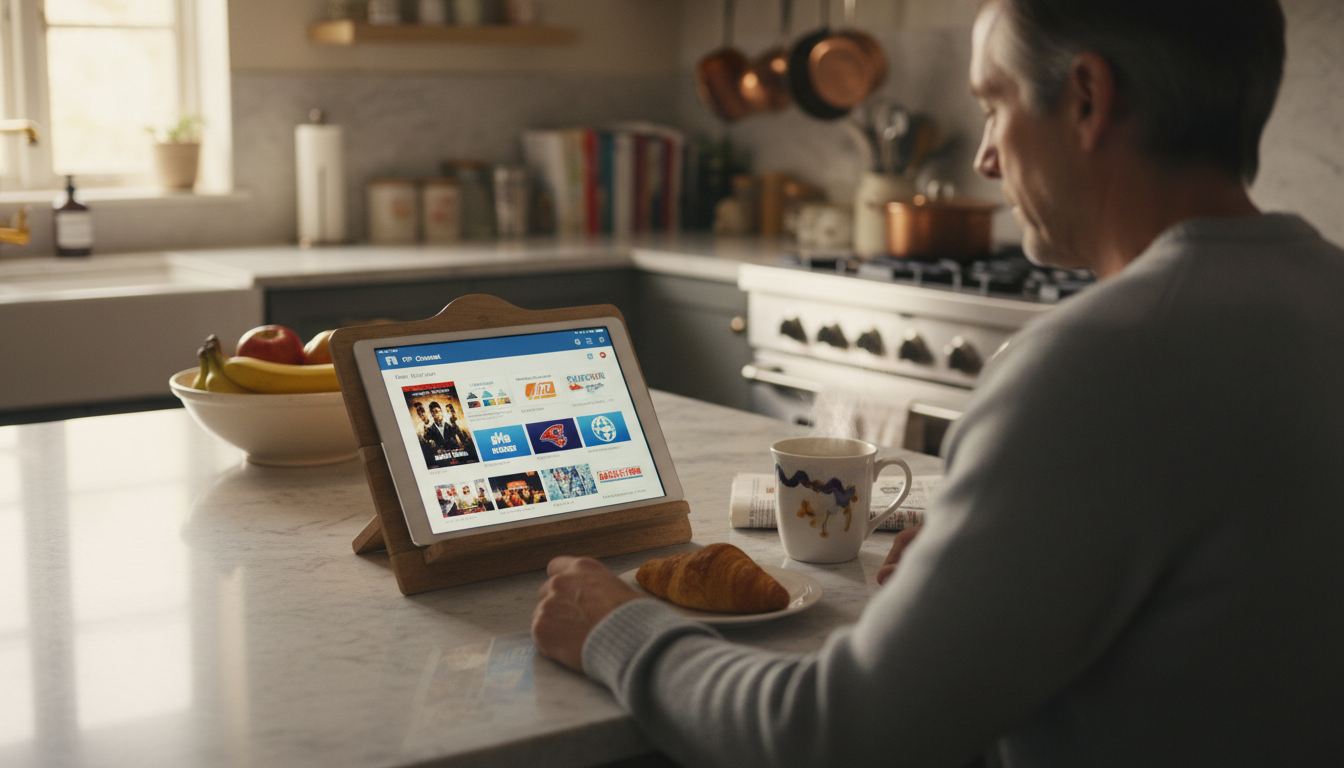 Person browsing an IPTV compatible set top box channel guide on a tablet in a warm morning kitchen setting