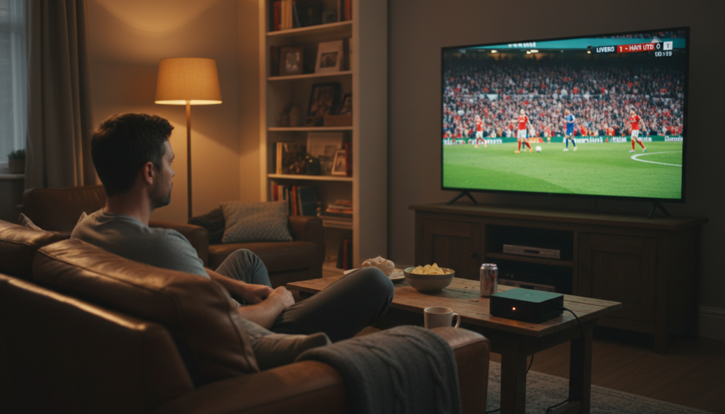 Man using an IPTV encoder to stream a live Premier League soccer match on his living room TV