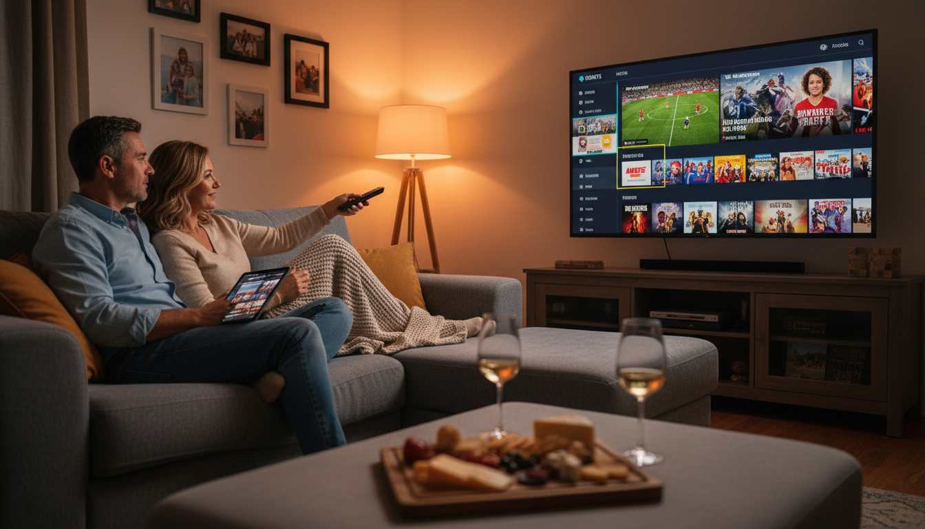 Couple browsing an IPTV channel guide on TV without needing a separate IPTV encoder for a subscription service