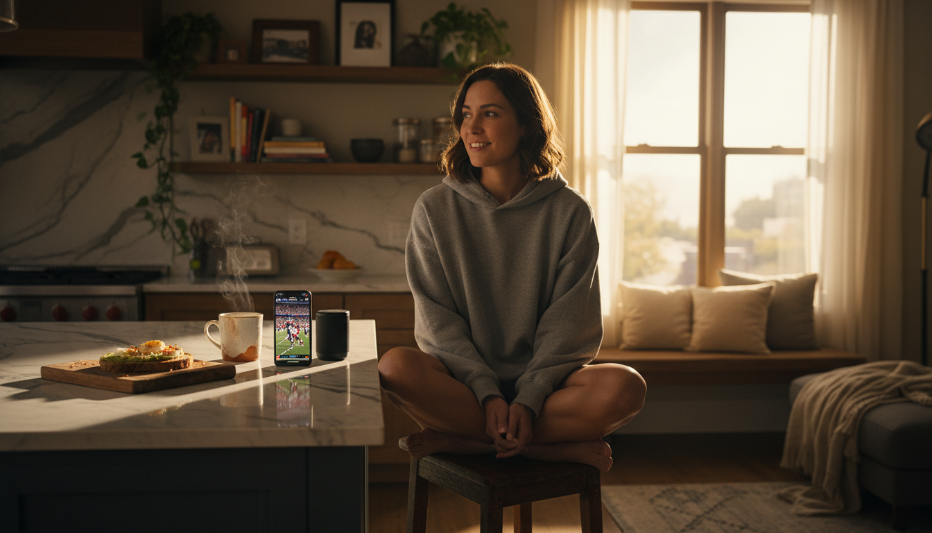 Woman watching a live NFL game on a smartphone using an IPTV media player app in a bright morning kitchen