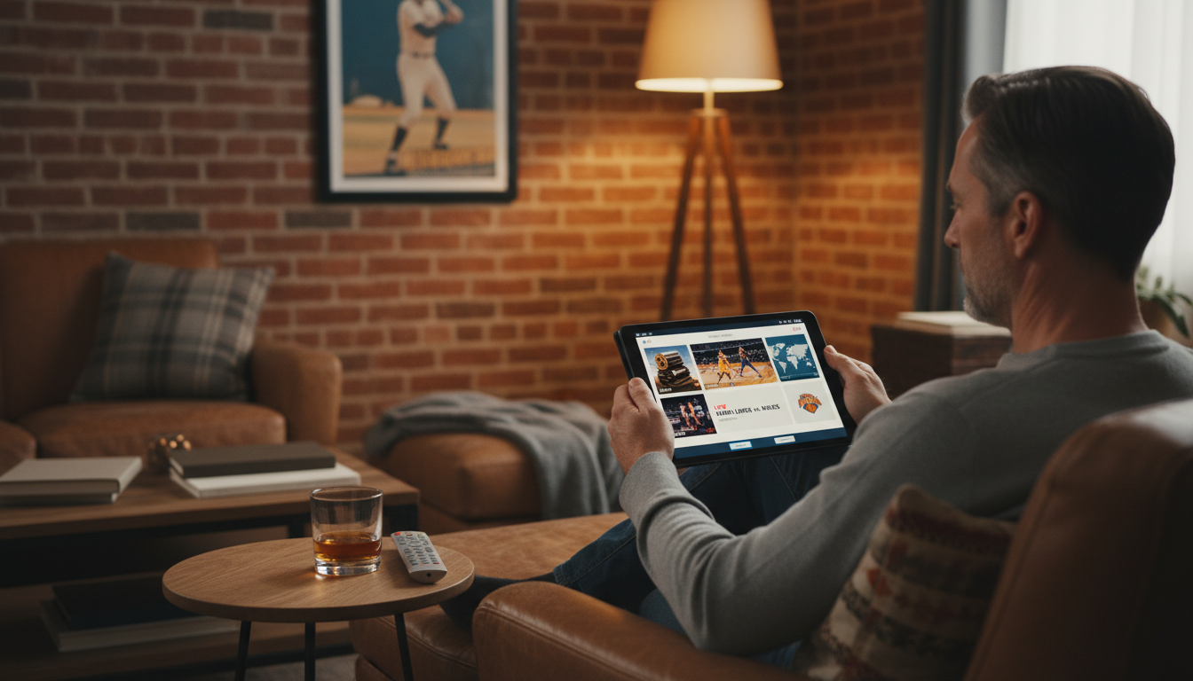 Man browsing an IPTV player app channel guide on a tablet showing NBA basketball and live TV categories