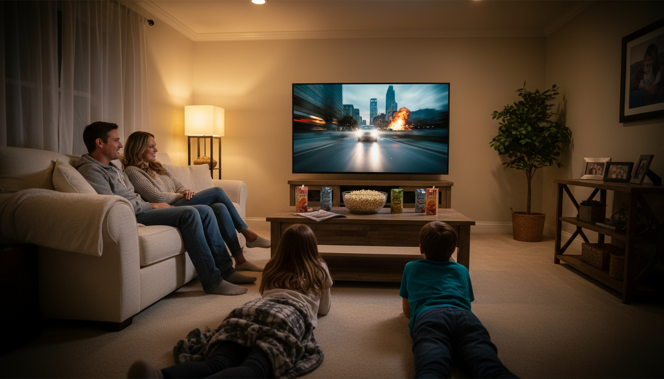 Family watching a Hollywood movie together using an IPTV player for smart TV in a warm cozy living room