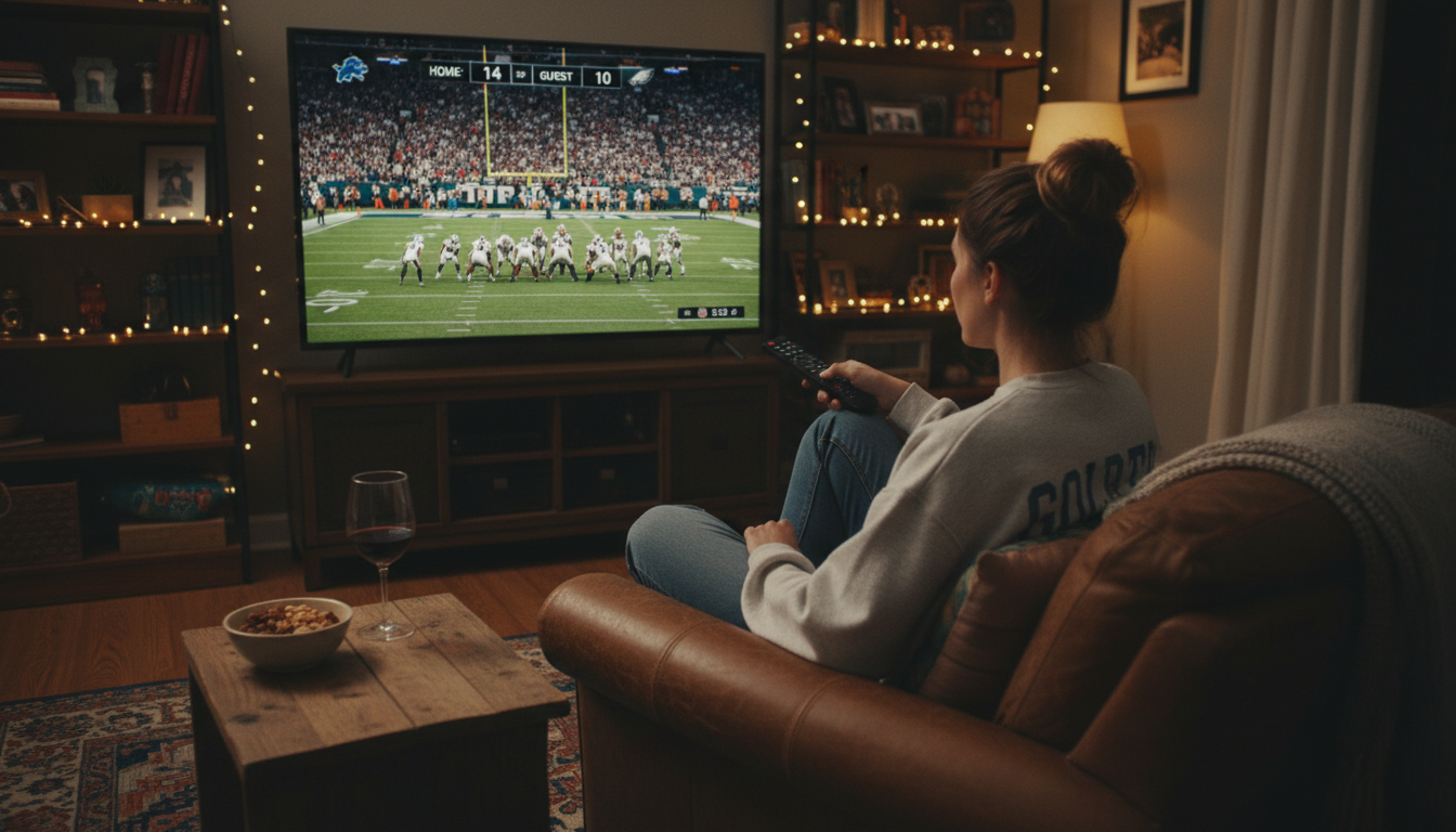 Woman using a remote to browse NFL games on an IPTV providers compared channel lineup at night