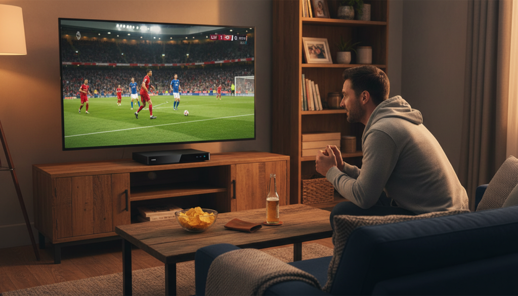 IPTV set top box STB device on media console beneath a TV showing a live Premier League match in a cozy living room