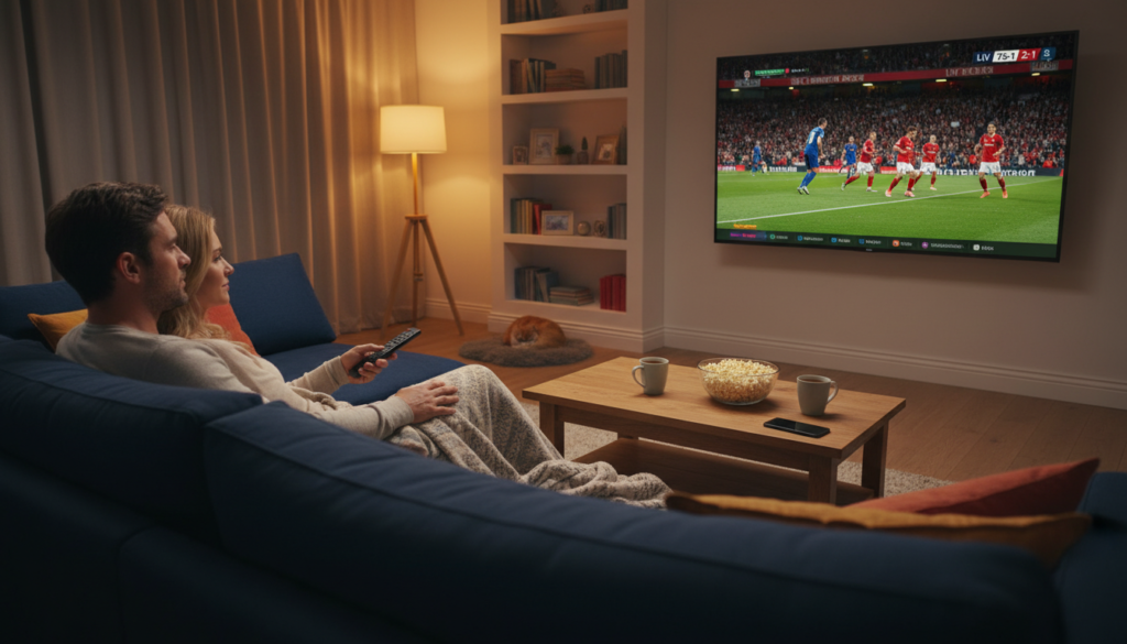 Couple using IPTV Smart Player to watch a Premier League match on a large living room TV with warm lamp lighting