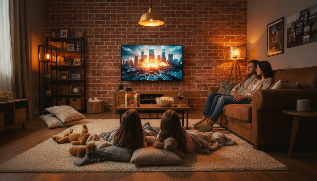 Family watching a Hollywood movie through an IPTV STB setup on a large TV in a cozy brick-wall living room