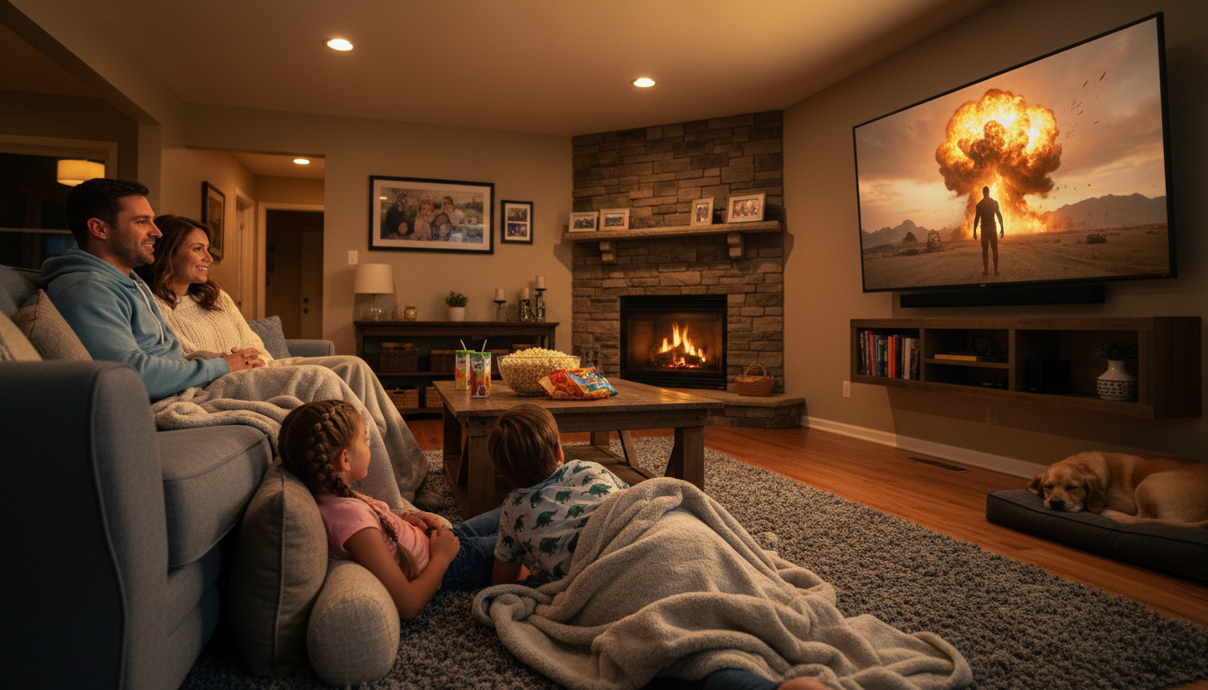 Family watching a Hollywood movie through a reliable IPTV service on a large living room TV