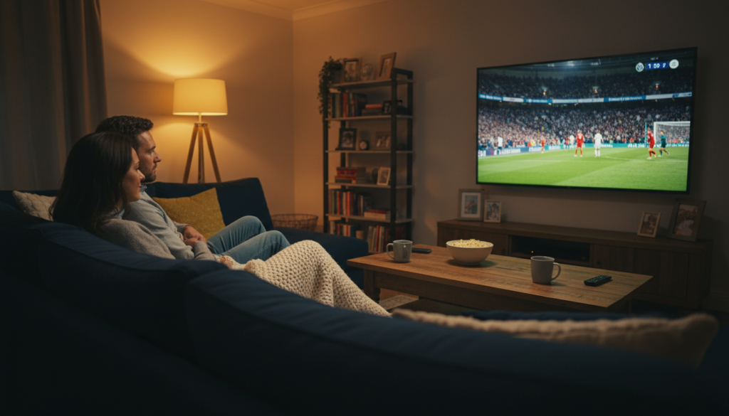 Couple watching Premier League soccer on a reputable IPTV service in a cozy living room