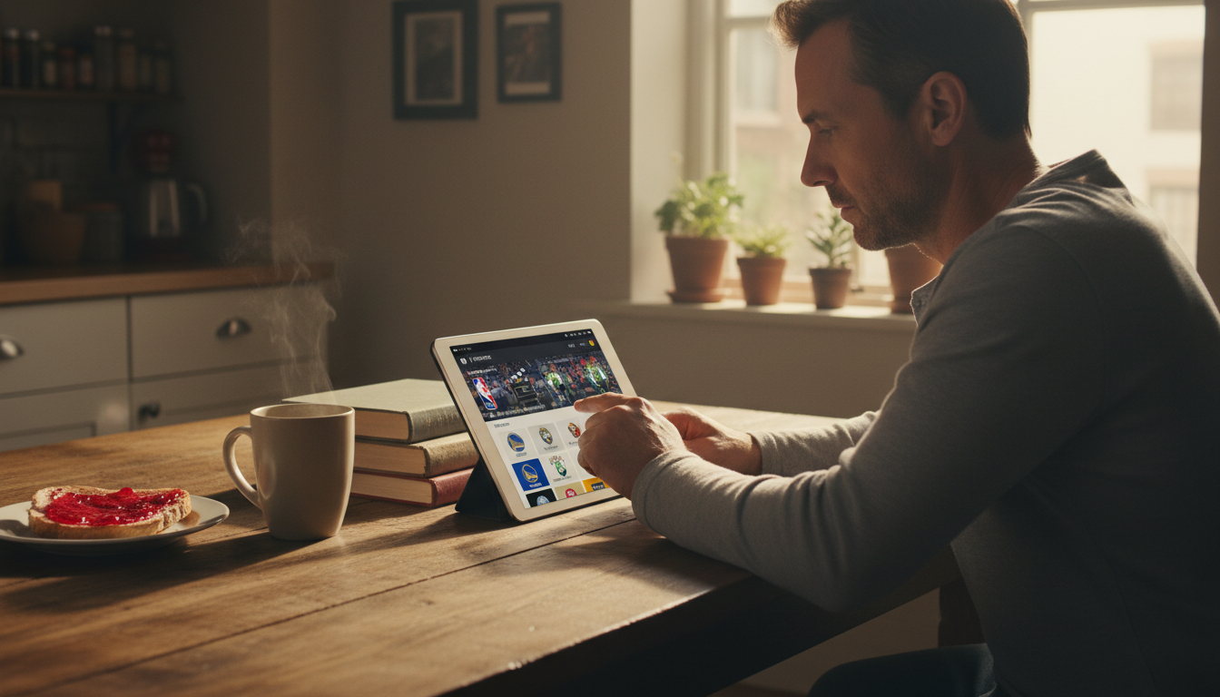 Man comparing IPTV providers on a tablet channel guide while having morning coffee in the kitchen