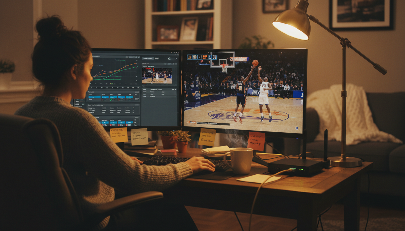 IPTV encoder software dashboard showing stream settings and live NBA game preview on a home office monitor