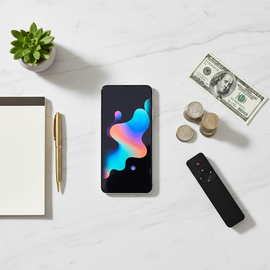 Smartphone and coins representing affordable IPTV pricing and value