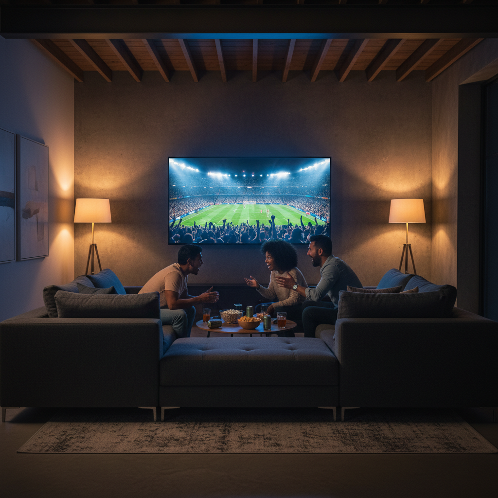 Friends gathered around smart TV using best IPTV for sports streaming