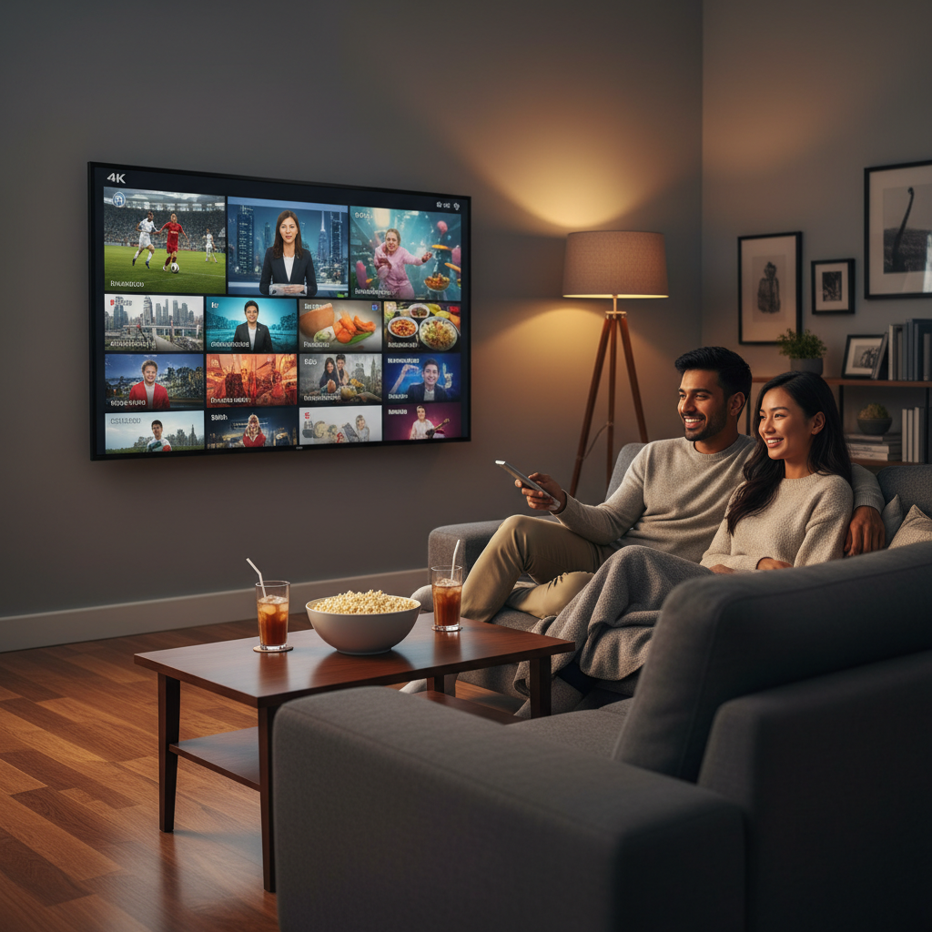 Couple enjoying the best IPTV service on a smart TV at home