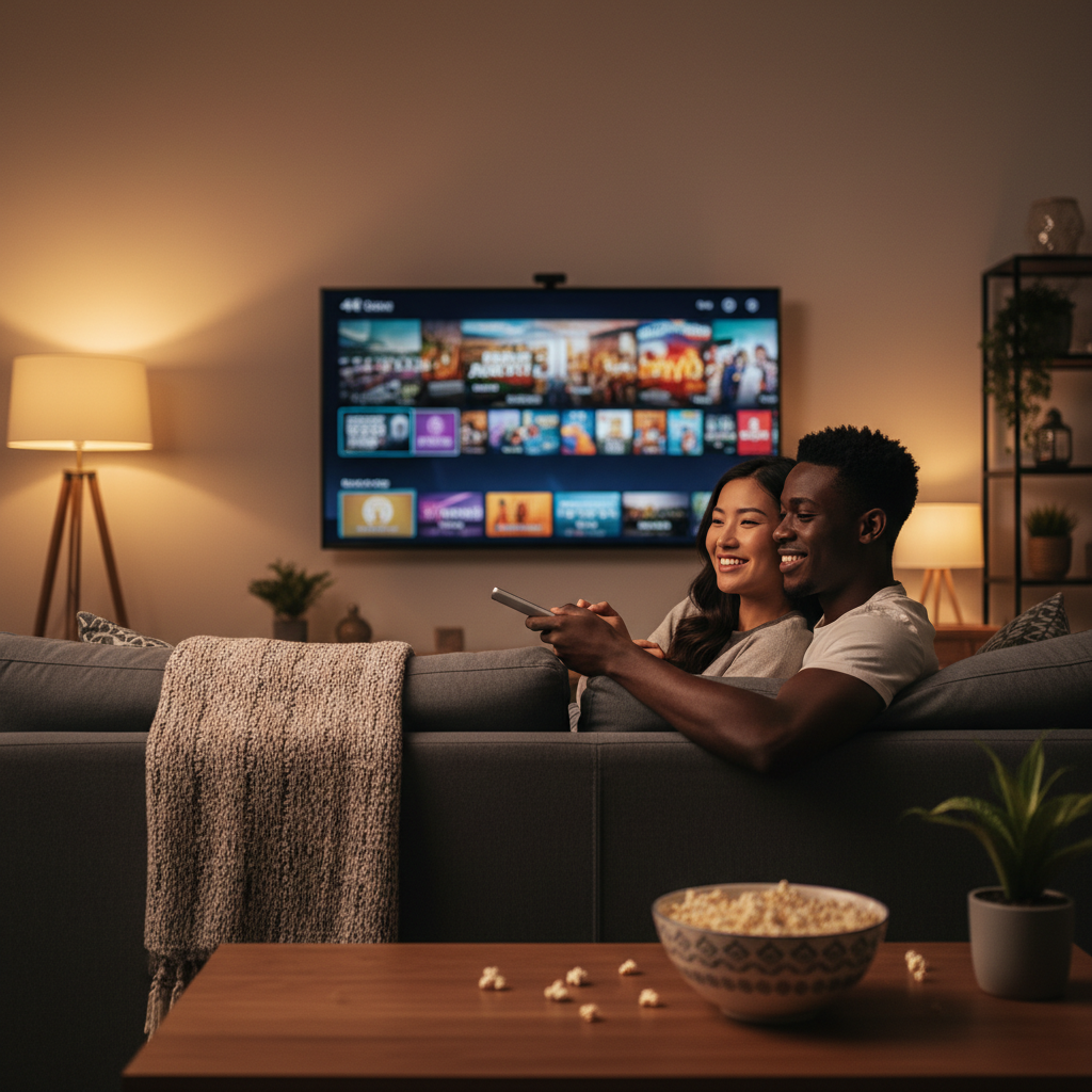 Couple enjoying IPTV streaming on a smart TV at home