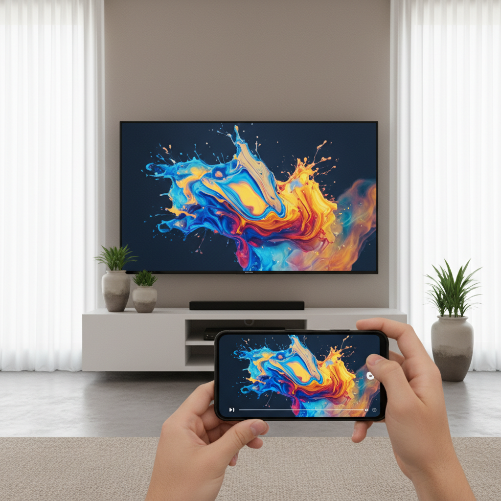 Person casting IPTV stream from smartphone to Samsung TV screen