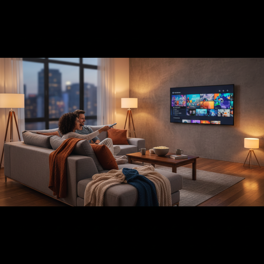 Couple enjoying cheap IPTV streaming on a smart TV at home