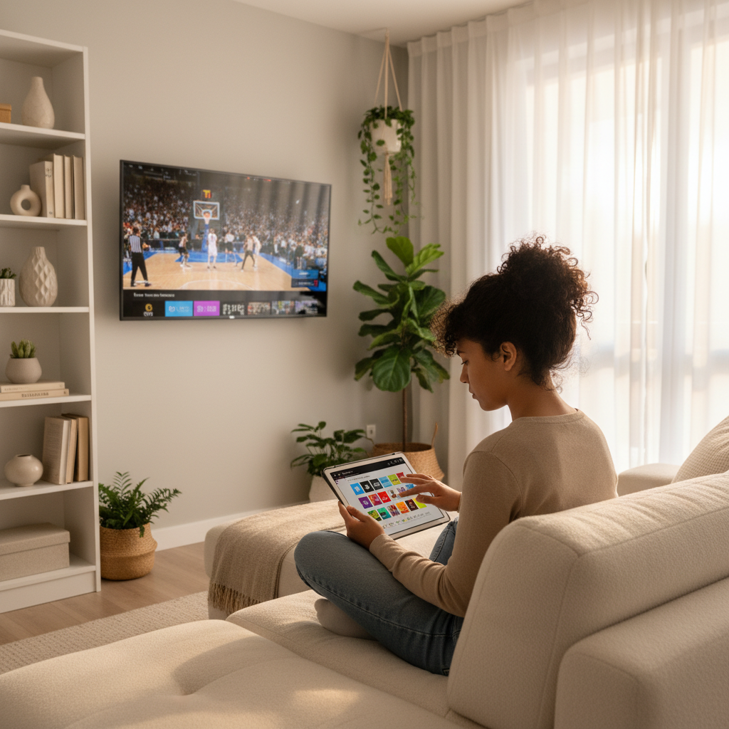 Woman browsing IPTV channel guide to choose best sports streaming service