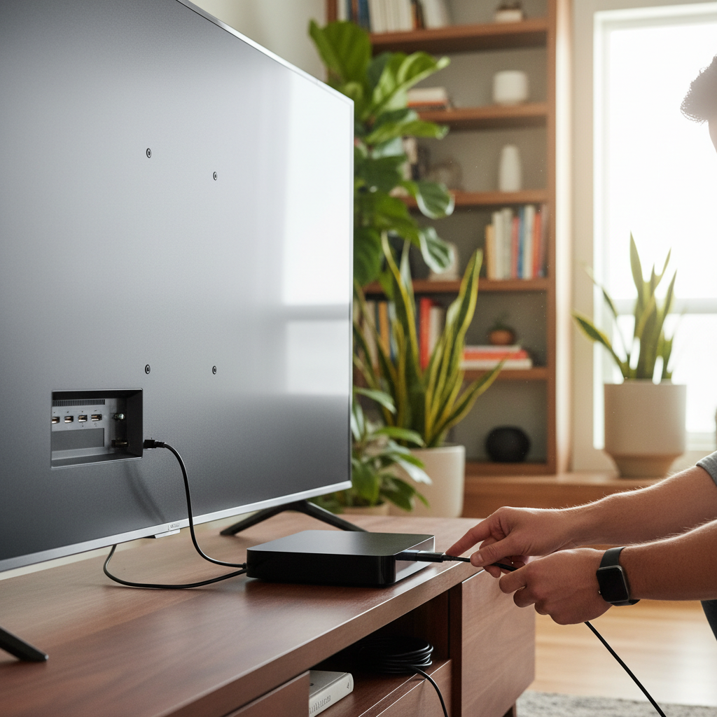 Person connecting an external streaming device to a Roku TV via HDMI