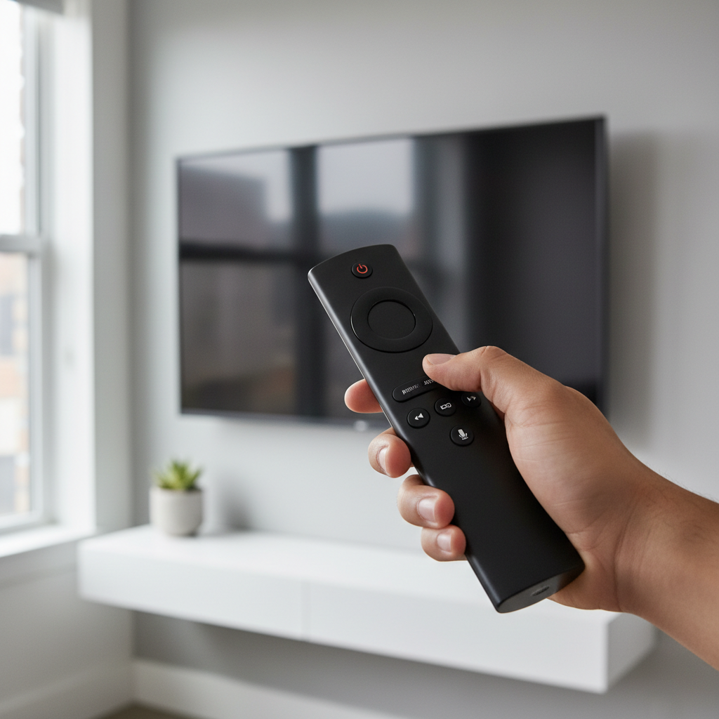 Hands holding Fire TV remote to enable settings for IPTV Firestick install