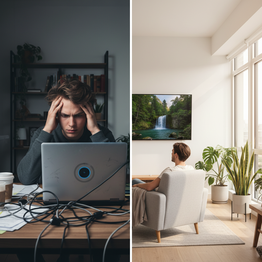 Person frustrated by free IPTV buffering versus smooth affordable IPTV streaming