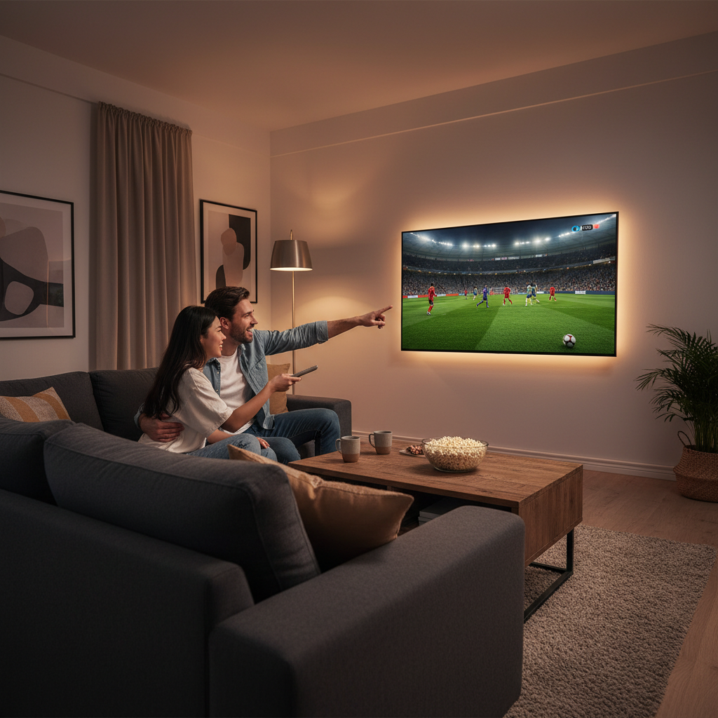 Couple setting up IPTV on a smart TV in a cozy living room.