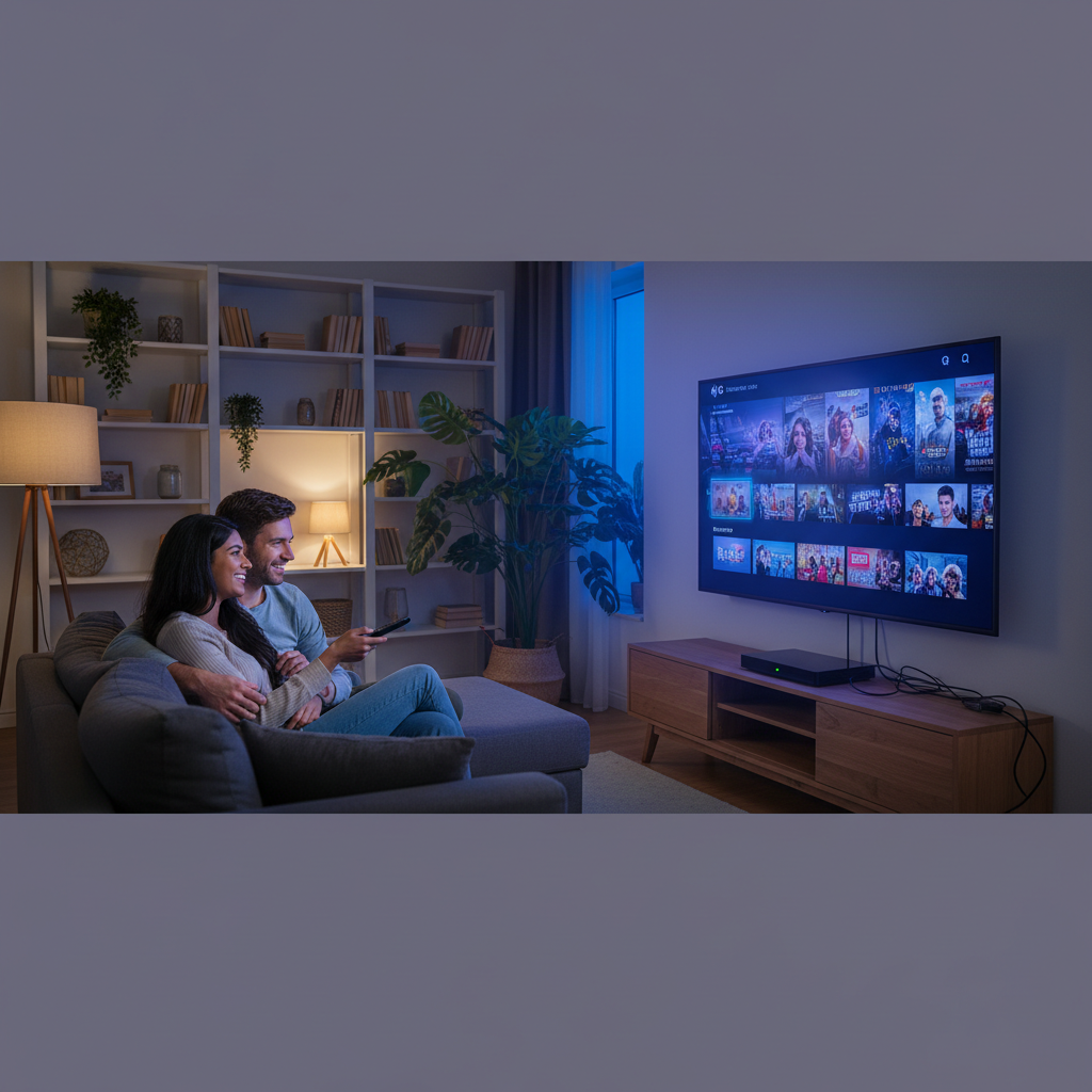 Couple setting up IPTV on Android TV in a modern living room