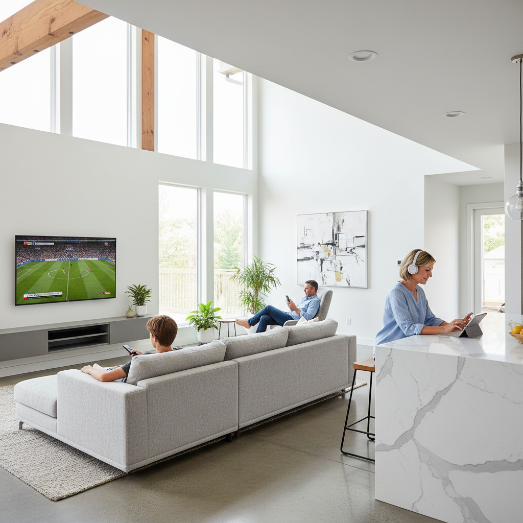 Family using IPTV streaming service across multiple screens and devices