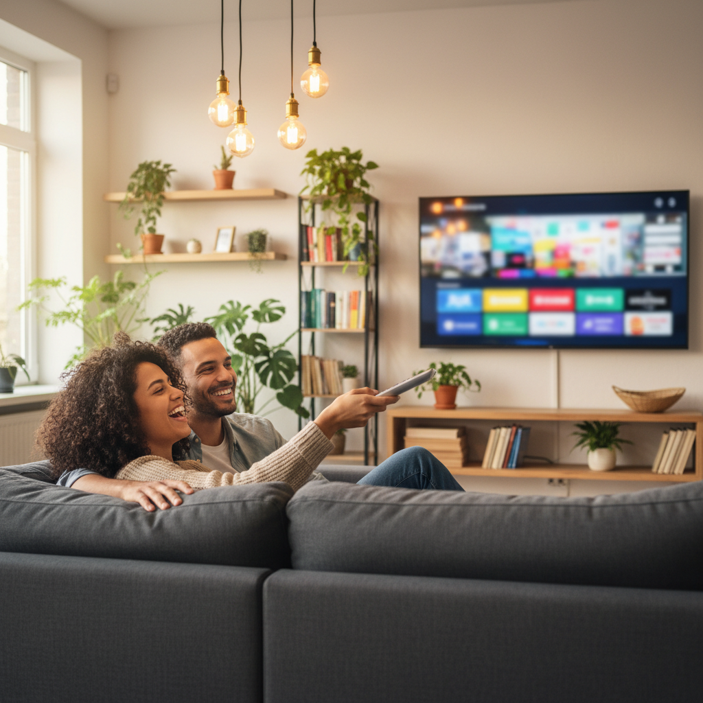 Couple activating IPTV Firestick subscription and browsing live channels on TV