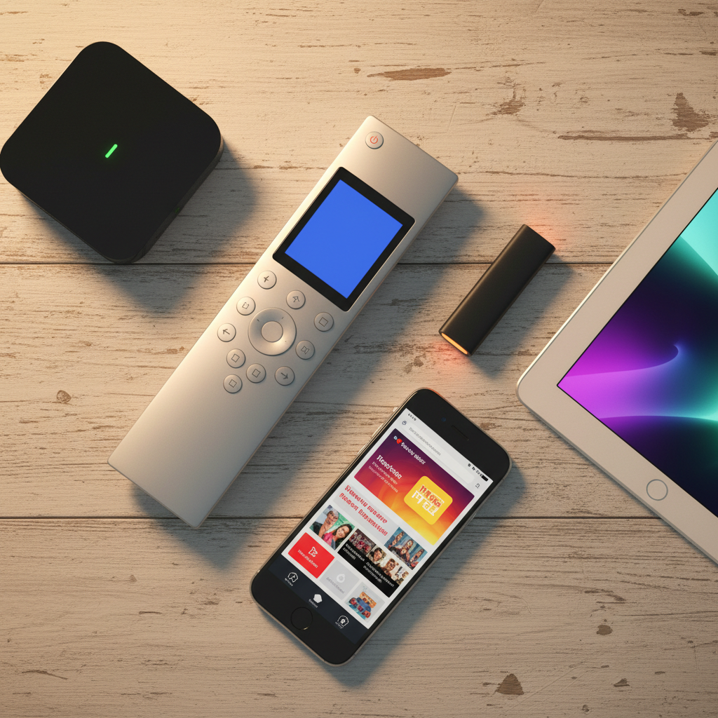 Multiple IPTV streaming devices compared side by side on a table