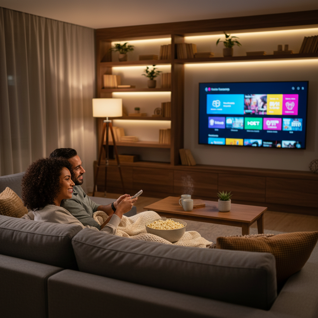 Couple enjoying an IPTV free trial on a smart TV at home