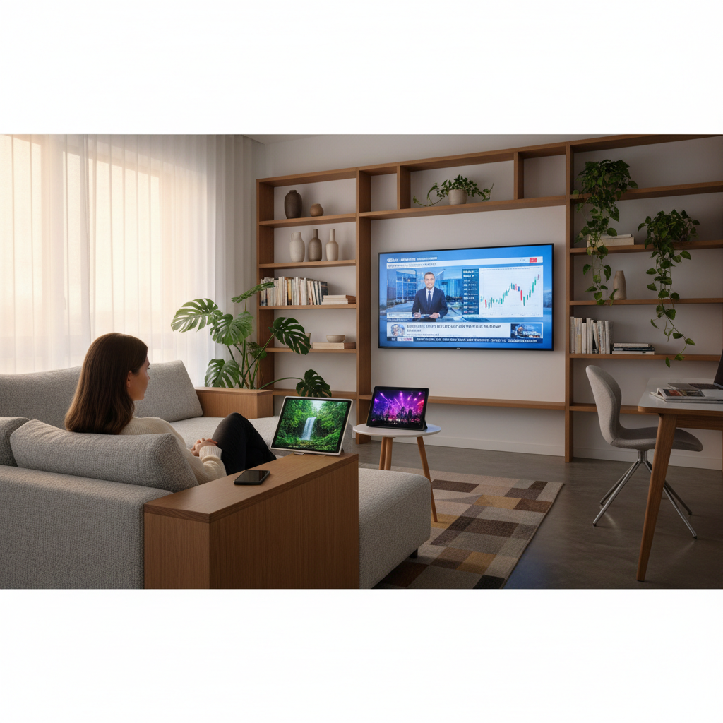 Woman streaming live TV across multiple devices showing IPTV flexibility