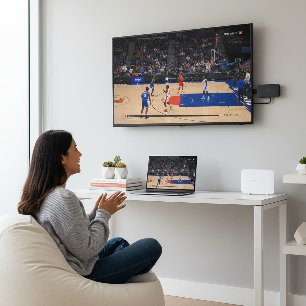 Woman discovering IPTV to stream NBA games on TV and laptop