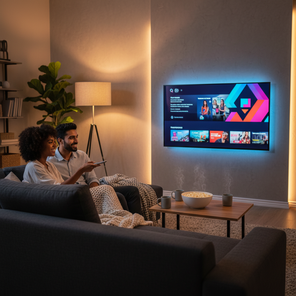 Couple enjoying IPTV on Roku TV in a cozy modern living room