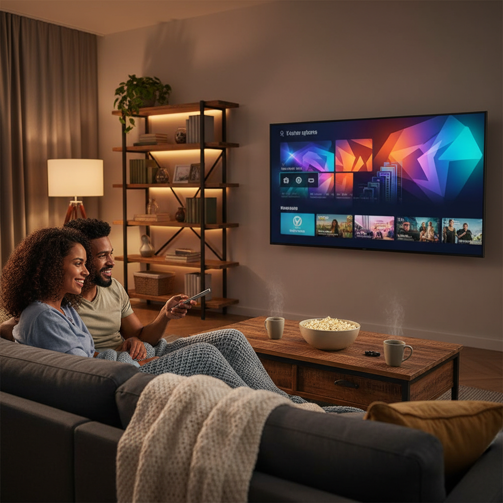 Couple setting up IPTV on Samsung Smart TV in cozy living room
