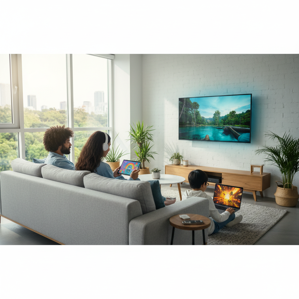 Family using multiple devices to stream with IPTV player apps at home