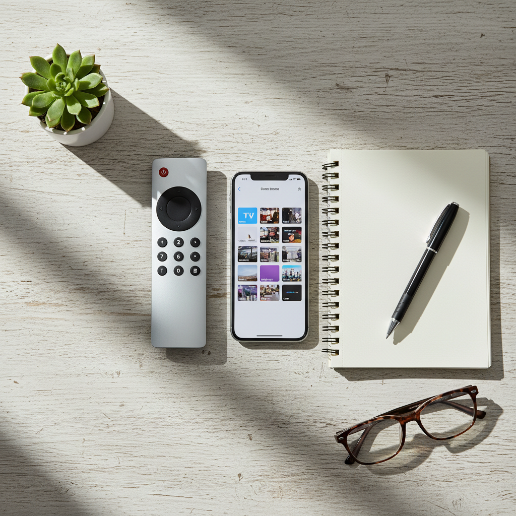 Remote control and devices laid out representing IPTV pros and cons comparison