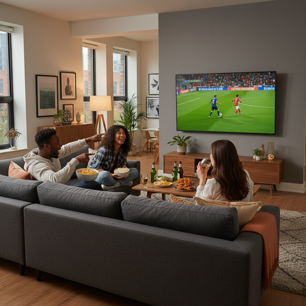 Friends enjoying reliable IPTV streaming service together on a smart TV