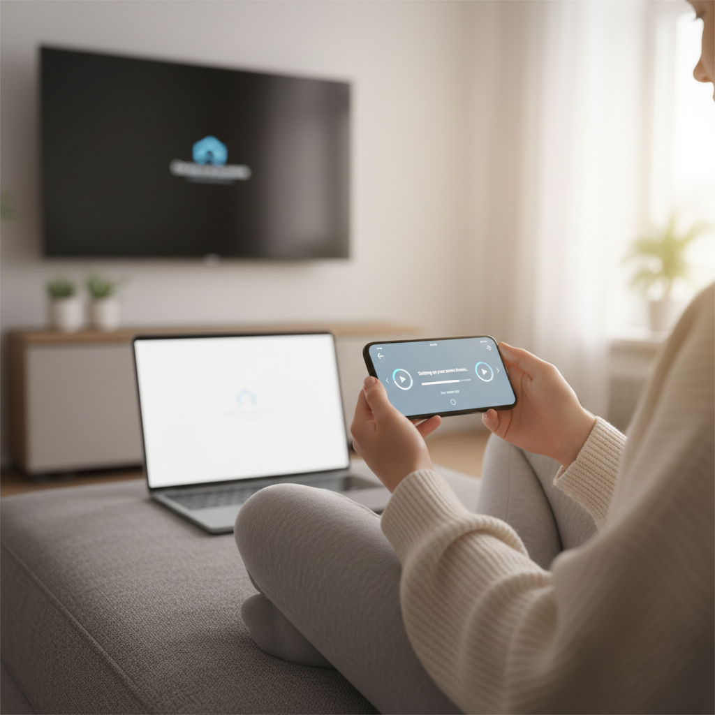 Woman setting up an IPTV provider USA service on her smartphone at home