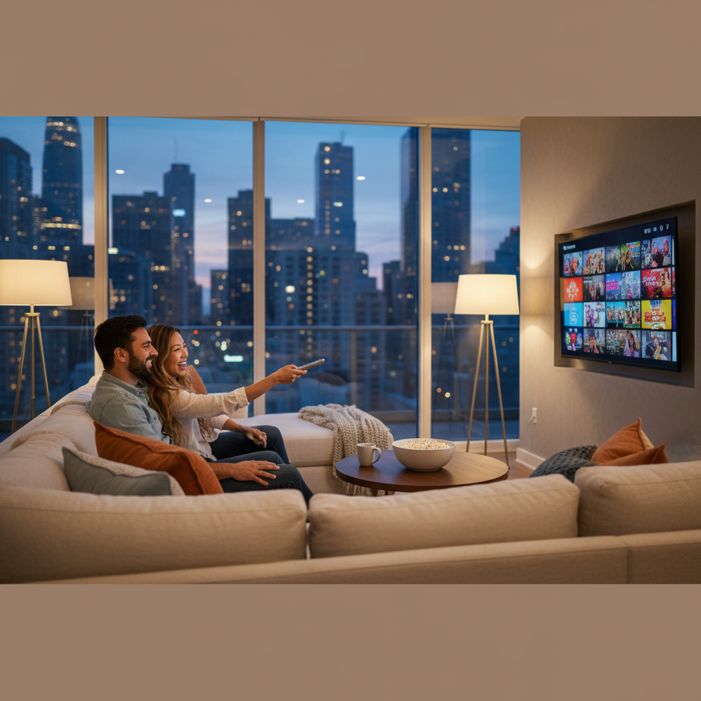 Couple browsing IPTV providers USA on a large smart TV at home