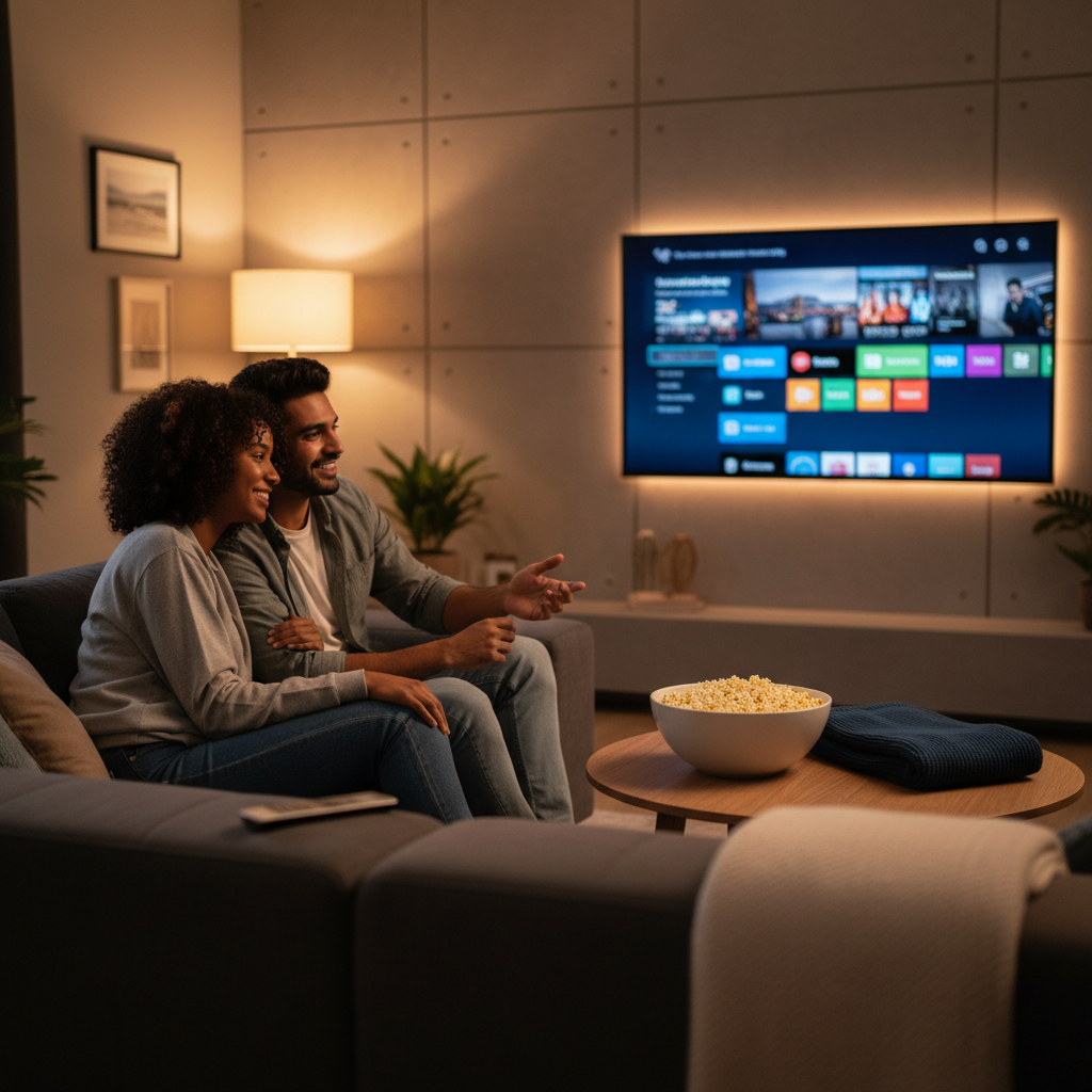 Couple streaming channels at home using IPTV Smarters Pro on smart TV