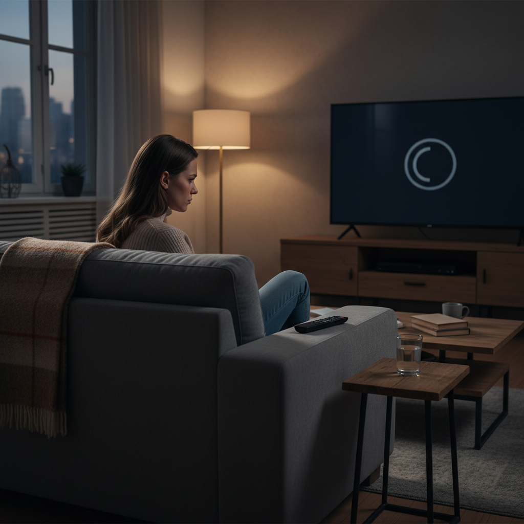 Woman experiencing buffering issue while streaming an IPTV subscription at home