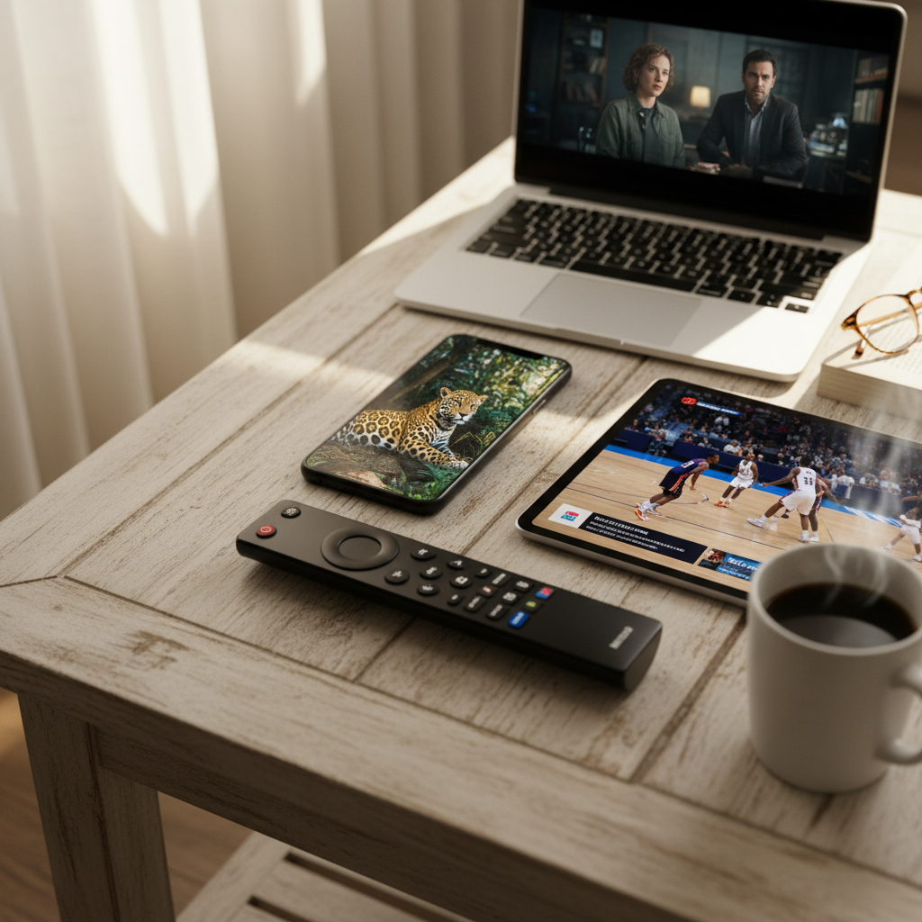 Multiple streaming devices showing content included with an IPTV subscription