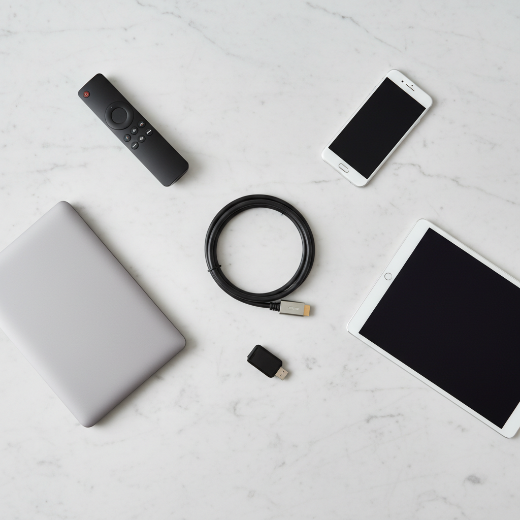 Multiple devices laid out for setting up an IPTV subscription